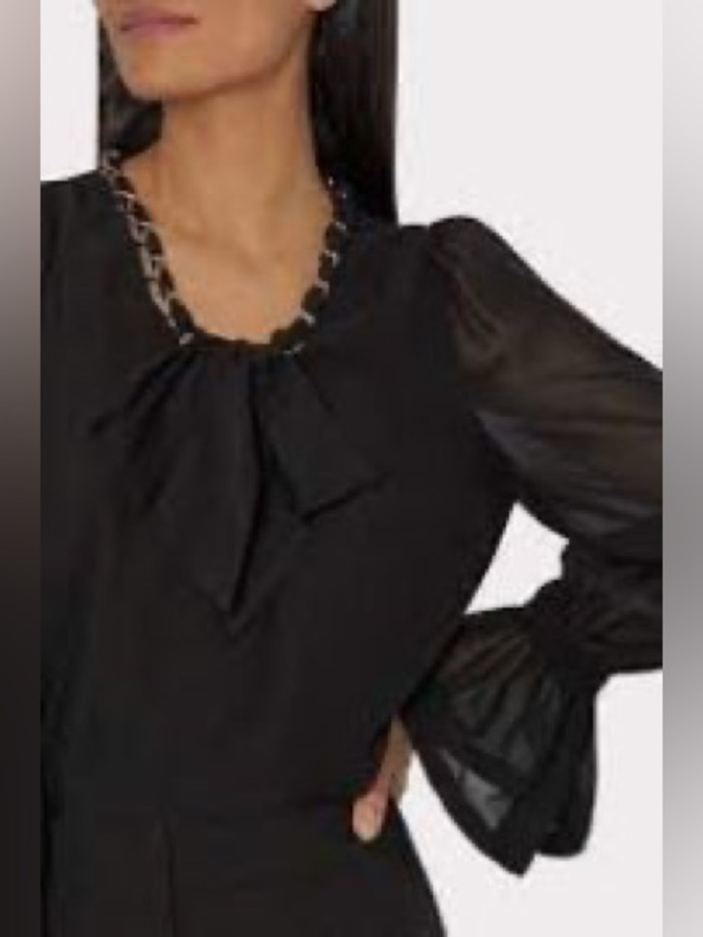 Milly Black Tie Neck Blouse Gold Accents, size S